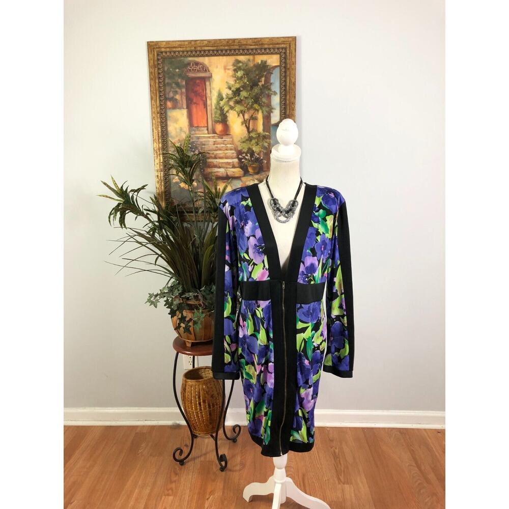 Auditions Robe Women 2XL Black Purple Floral Long Sleeve Plunge V Neck Front Zip